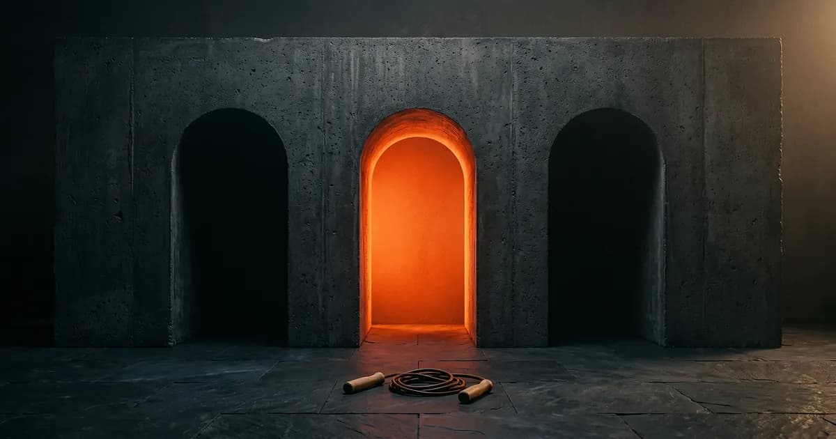 Three concrete archways with the middle one glowing orange and a coiled jump rope in the foreground