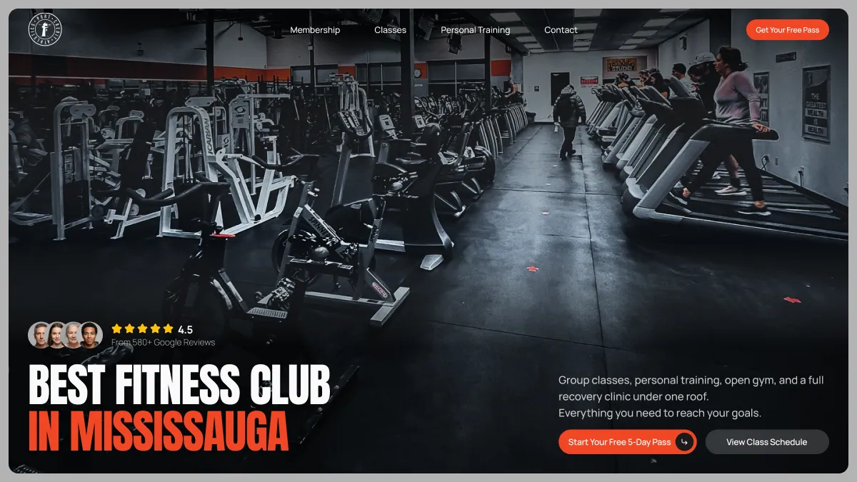 A rebuilt gym website concept with a dark cinematic hero, a bold headline, one clear free-pass call to action, and a Google review badge