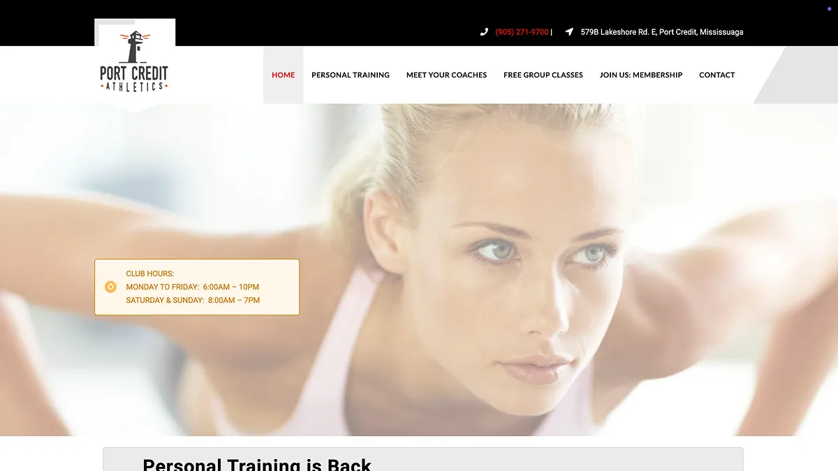 A dated gym website concept with a cramped nav, a light stock photo, and scattered information