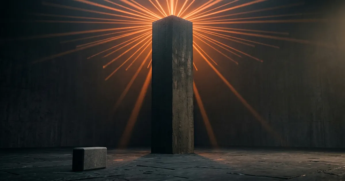 Dark cinematic concrete monolith with orange light rays bursting from behind it on a stone floor