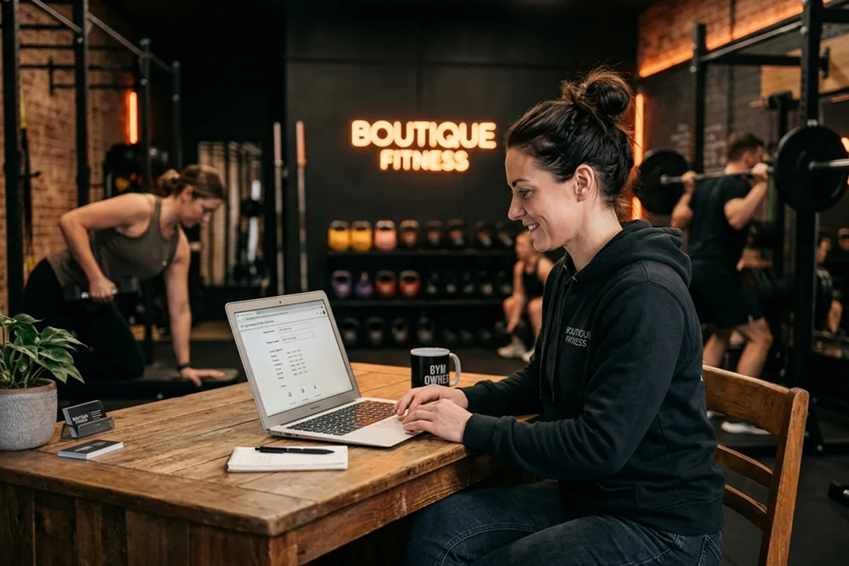A gym owner completing their Google Business Profile listing on a laptop at the front desk