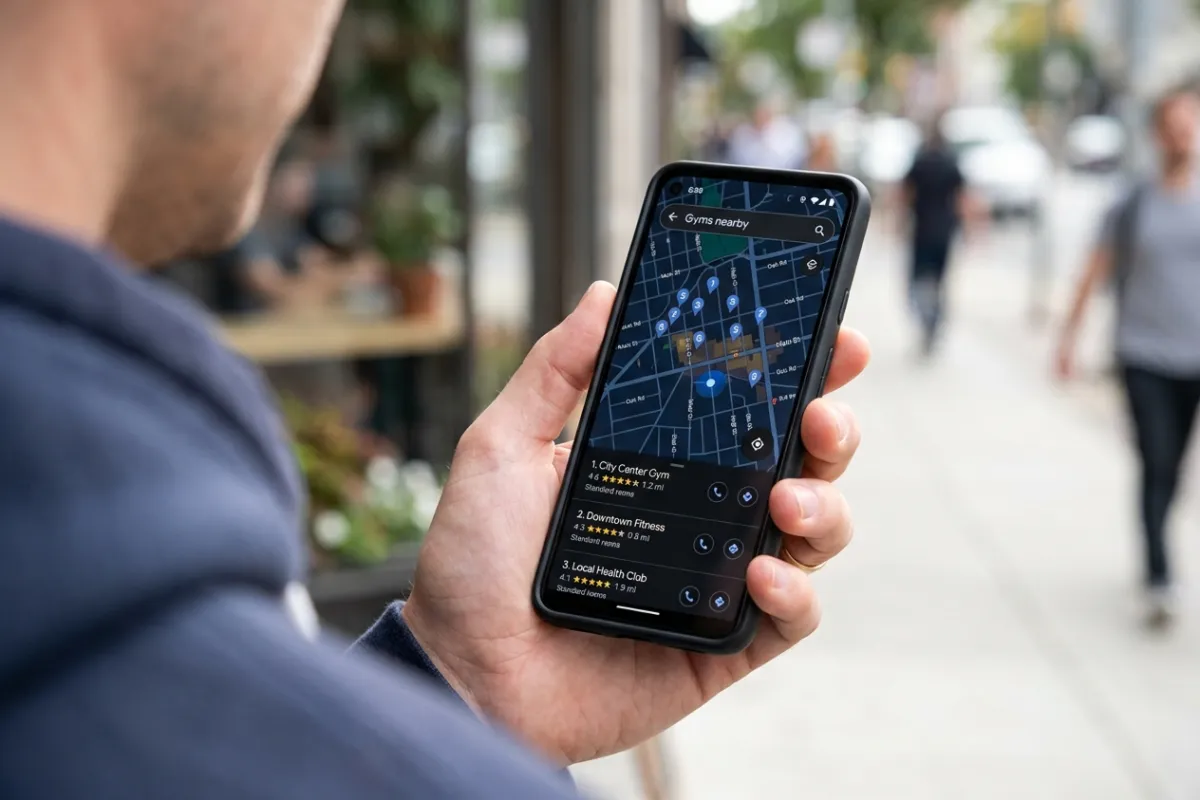 Google Maps local search results on a mobile phone showing nearby gyms, illustrating a local gym marketing strategy