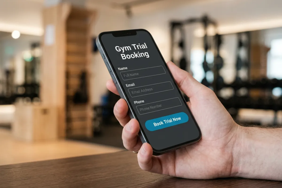 A simple gym trial booking form on a mobile phone, part of a conversion-focused gym marketing strategy