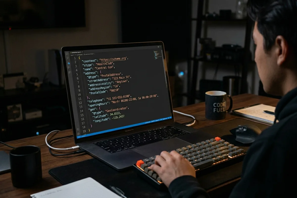 A code editor showing a clean LocalBusiness schema JSON-LD block for a gym, with business name, address, hours, and type fields