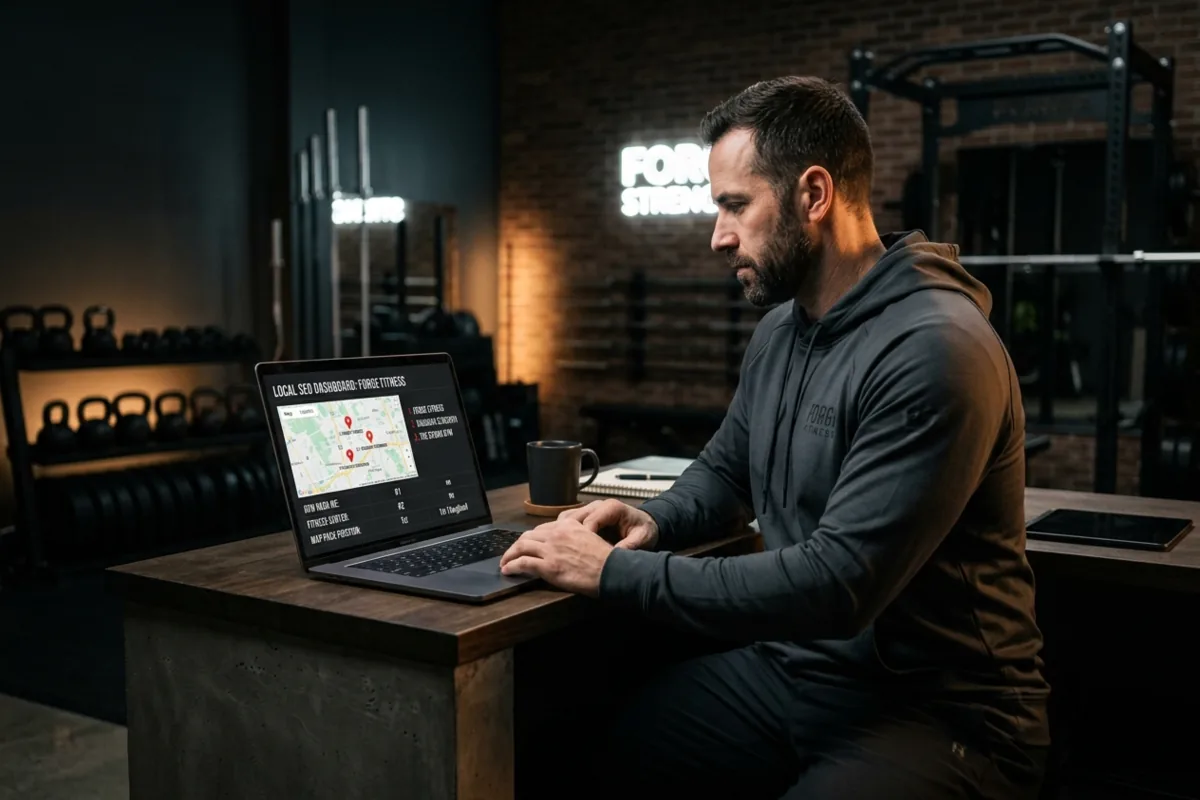 A gym owner reviewing local search ranking data on a laptop at a gym front desk