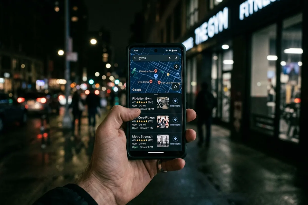 A phone showing a Google Maps local pack with three gym results for a city search