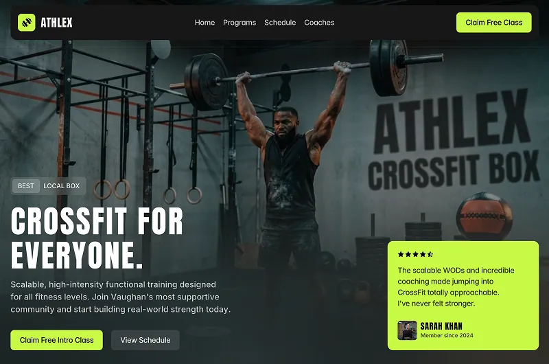 CrossFit box homepage with a bold hero, free-class CTA, and member review proof
