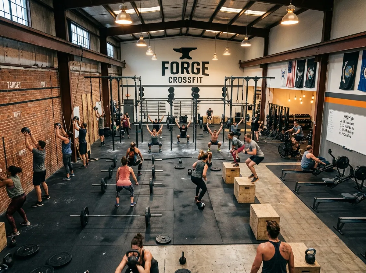 CrossFit box mid-WOD, full class on the floor