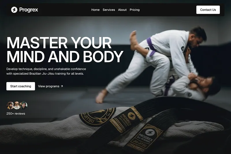 Brazilian Jiu-Jitsu school homepage with a bold hero, trial CTA, and review proof