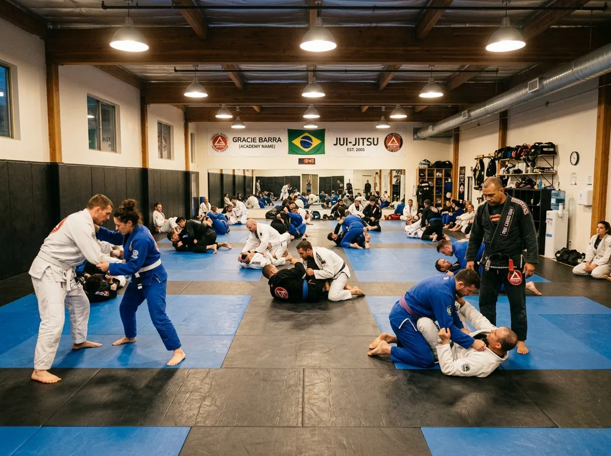 Brazilian Jiu-Jitsu academy mid-class, students grappling in pairs on the mat