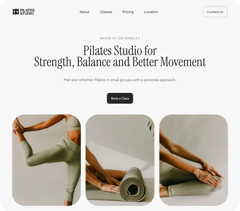 Pilates studio homepage with a clear booking CTA and reformer imagery