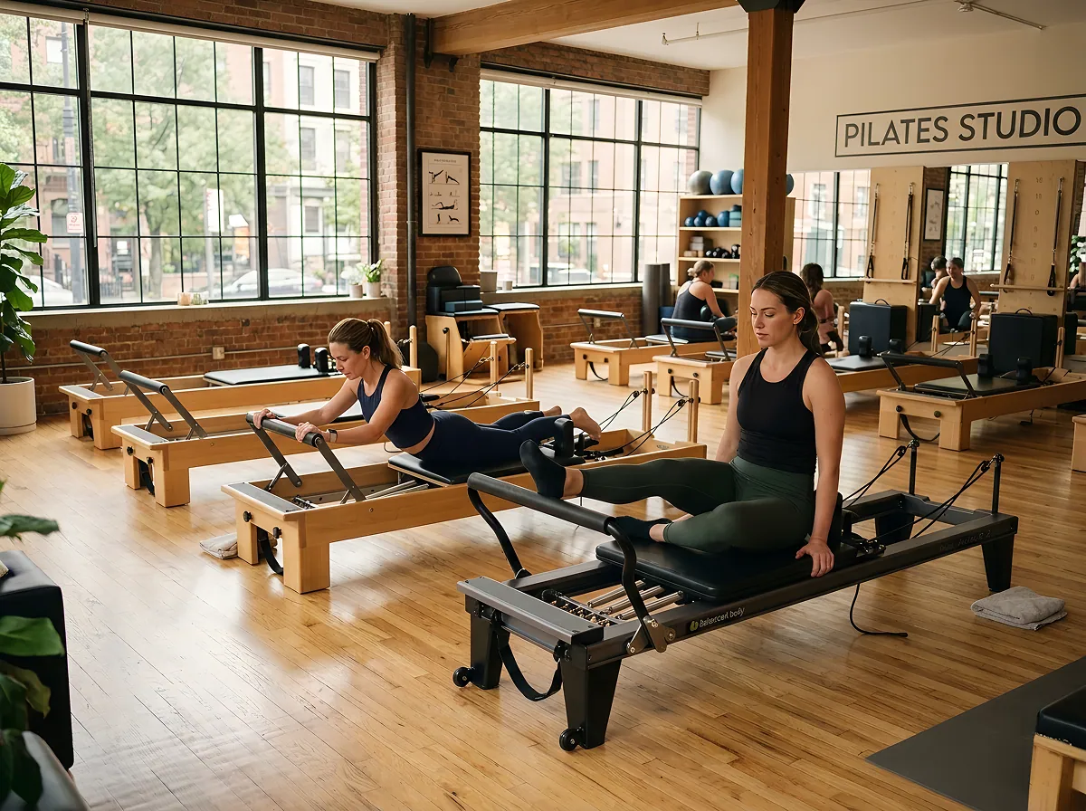 Reformer pilates studio mid-class in a sunlit loft