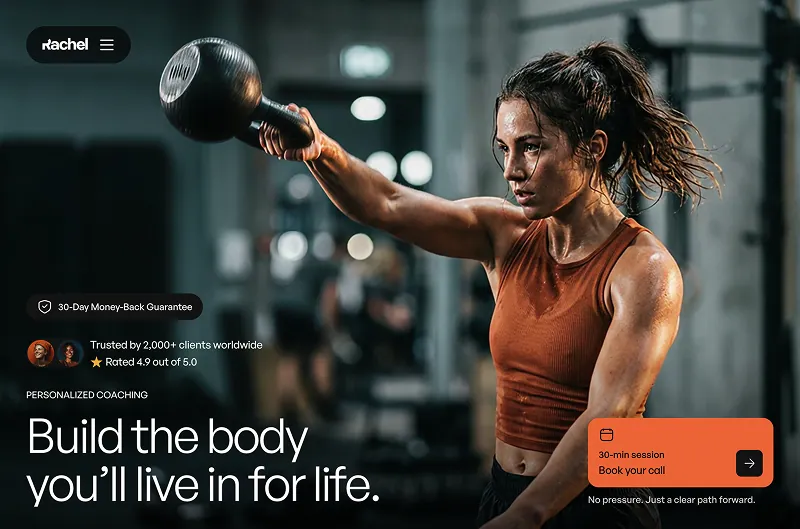 Personal trainer coaching site with a strong hero, 30-min strategy-call CTA, and client review proof