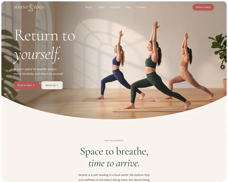 Yoga studio homepage with a warm hero, clear booking CTA, and schedule navigation
