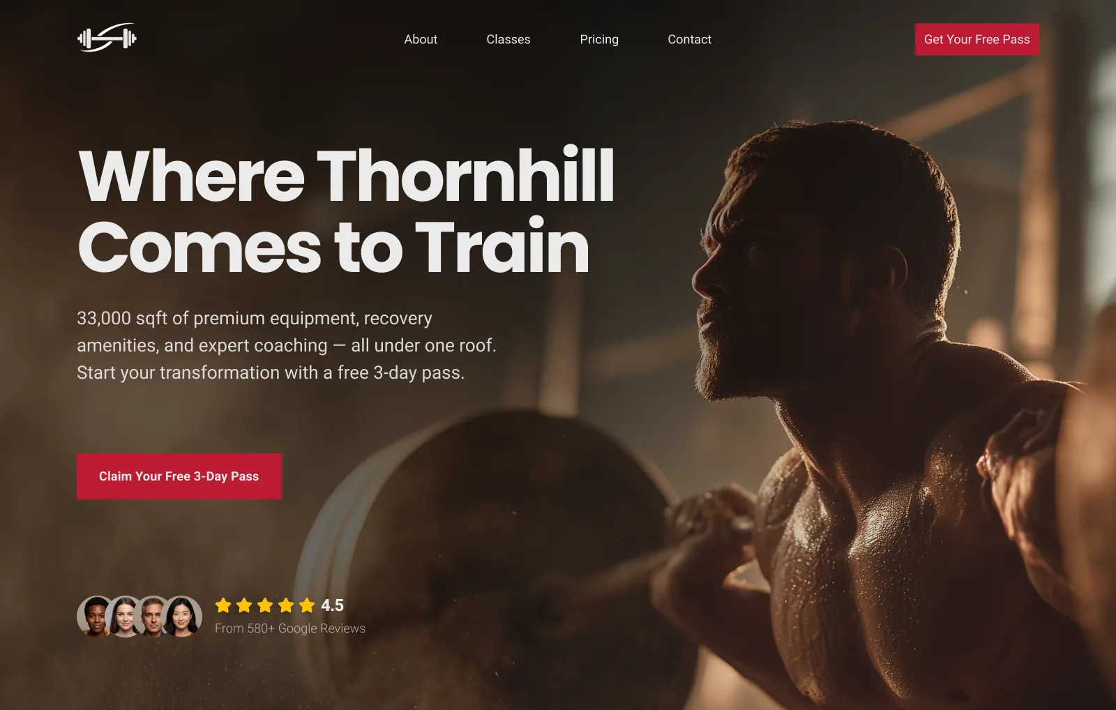 Gym landing page concept with a full-bleed cinematic hero, a free-pass call to action, and a 4.5-star Google review badge